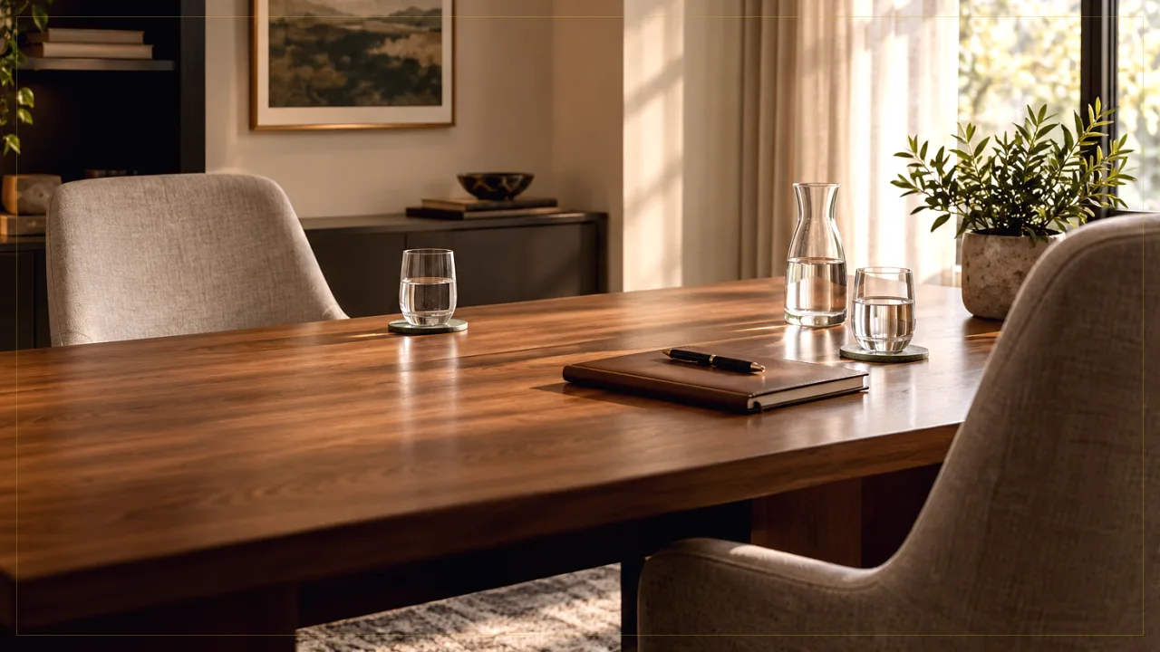 Balanced conference room setting with symmetrical chairs facing a warm oak table in soft morning light
