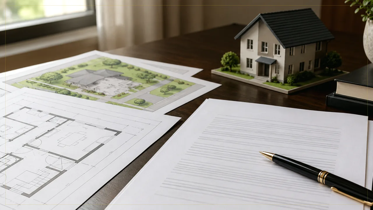 Architectural blueprint rolls, a brass scale ruler, and linen-bound property folders resting on a travertine and oak table