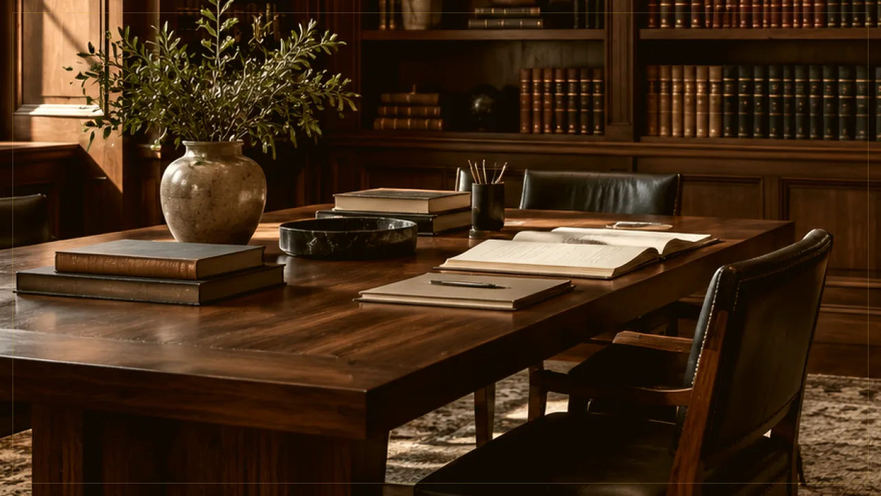 Heirloom wooden box, linen-bound estate planning folio, and fountain pen on a classic study desk in warm afternoon light